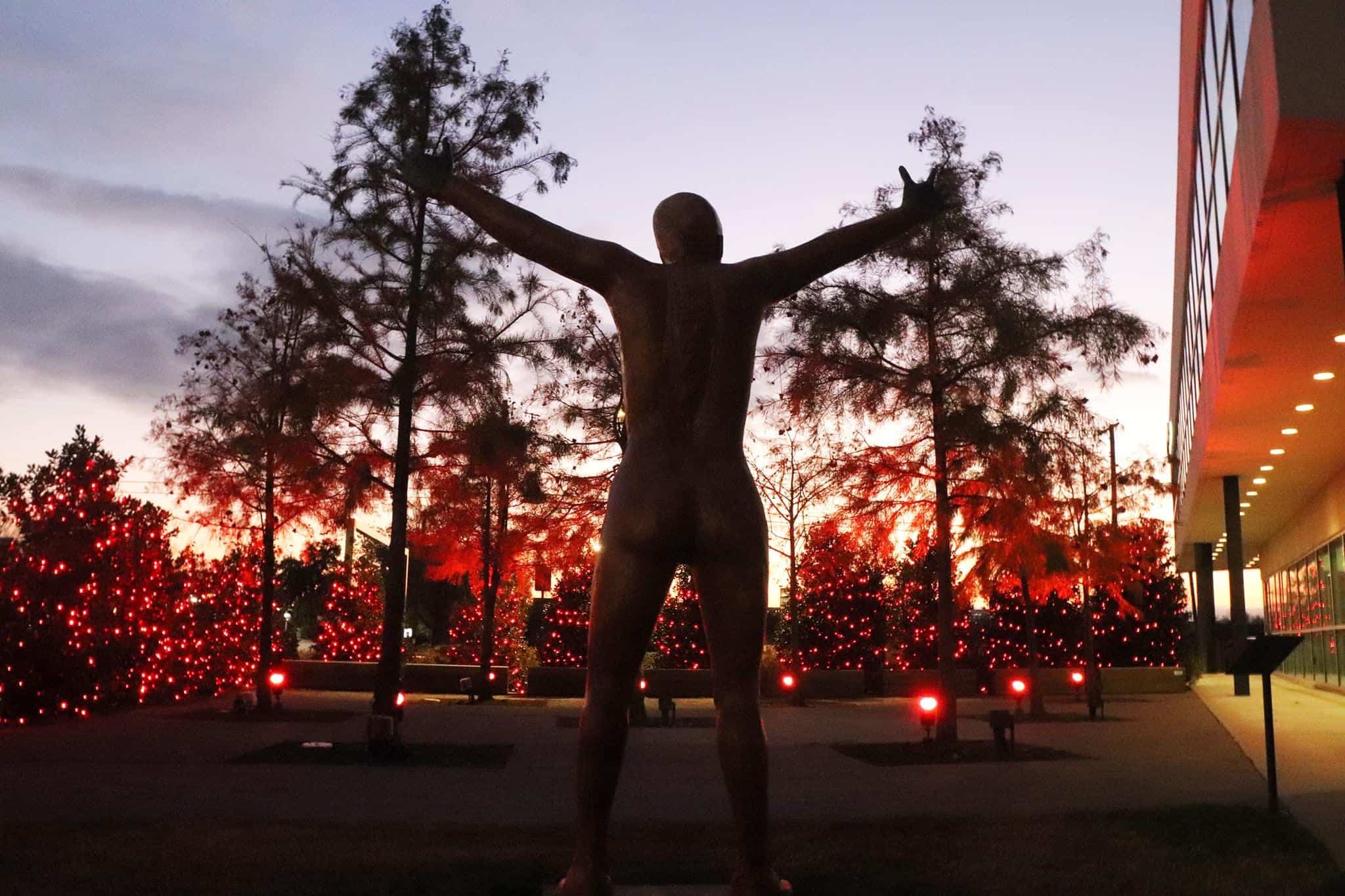 red ribbon lights & statue